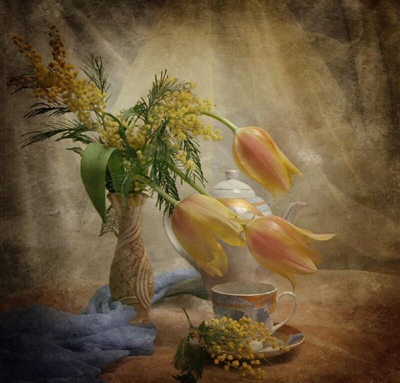 Tulips and Mimosa in Vase — Yellow, Serene