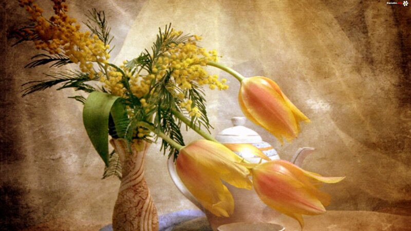 Tulips and Mimosa in Vase — Yellow
