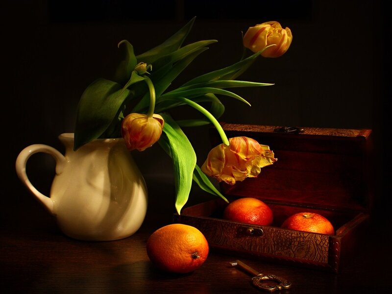 Tulips and Oranges in a Still Life