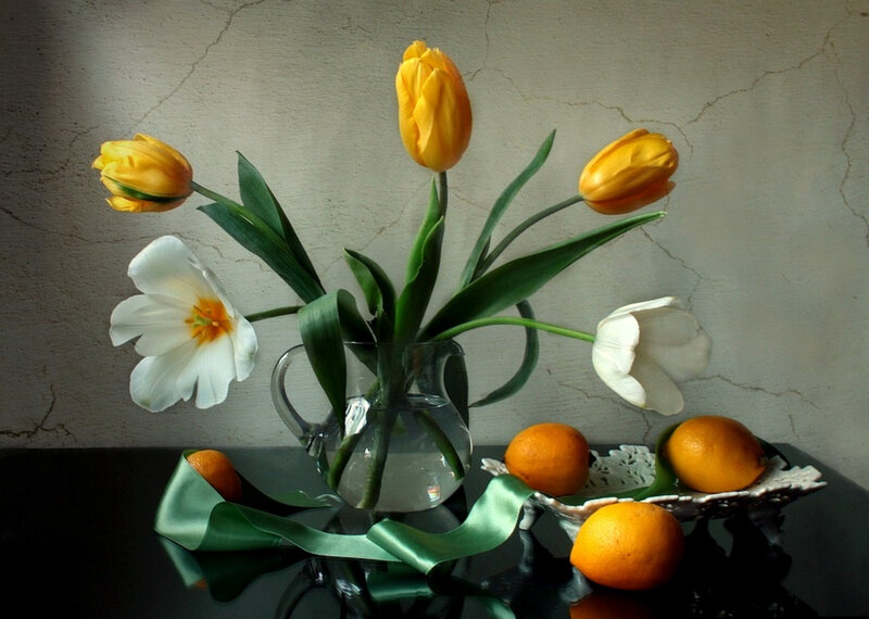 tulips and oranges still life