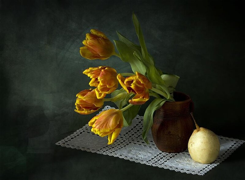 Tulips and Pear in Vase