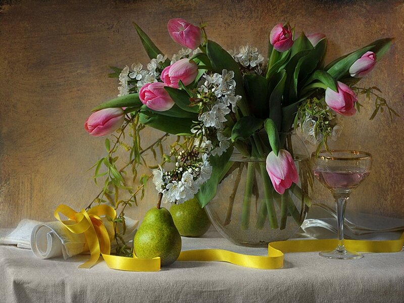 Tulips and Pears in Vase