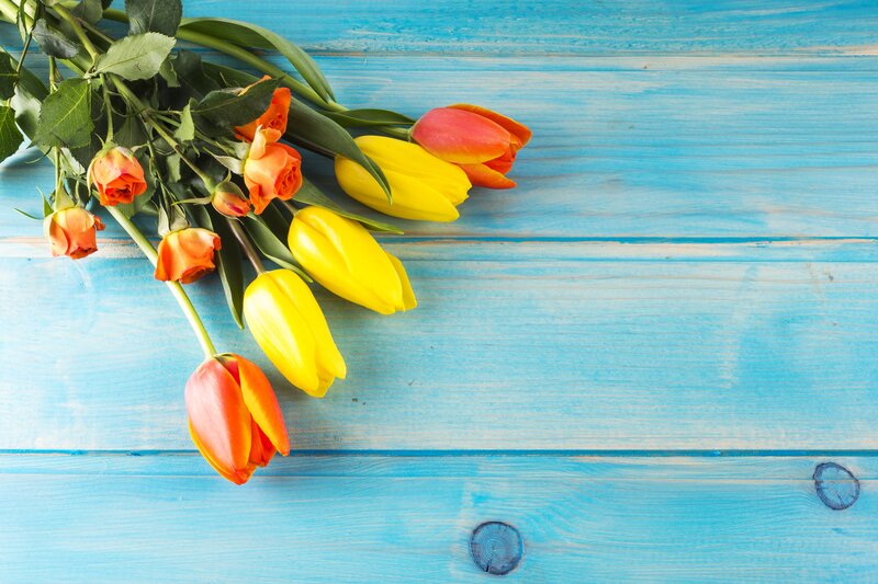Tulips and Roses on Wood