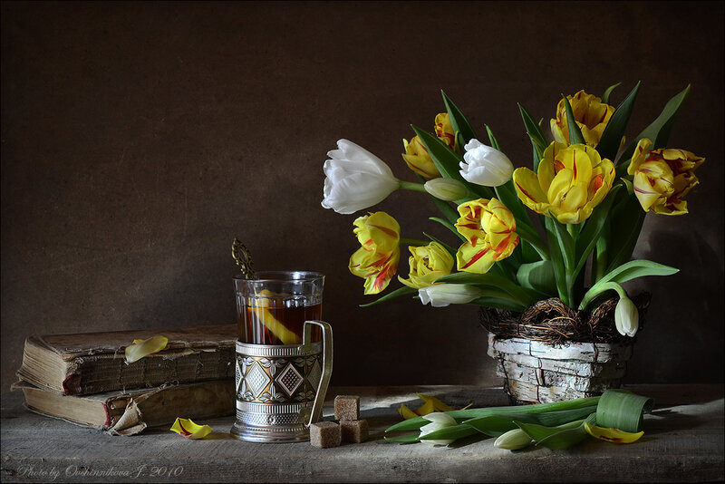 Tulips and Tea on Table