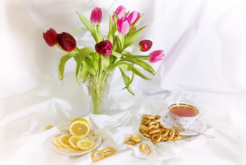 Tulips and Tea Setup — White