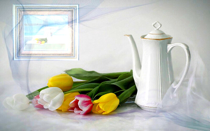 Tulips and Teapot — White