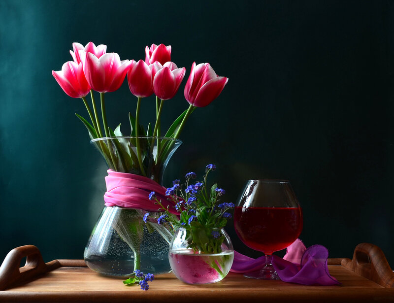 Tulips and Wine on Tray
