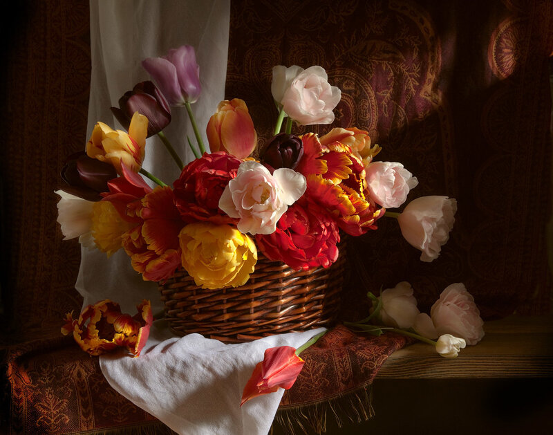 Tulips in a Basket — Brown, Dramatic, Photograph