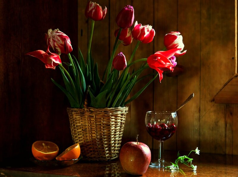 Tulips in a Basket — Red, Dramatic, Photograph