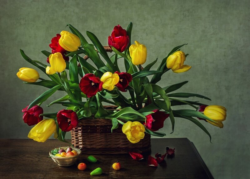 Tulips in a Basket — Yellow, Calm, Photograph, Fruit