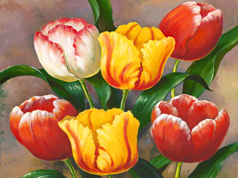 Tulips in a Bouquet — Red, Calm, Painting
