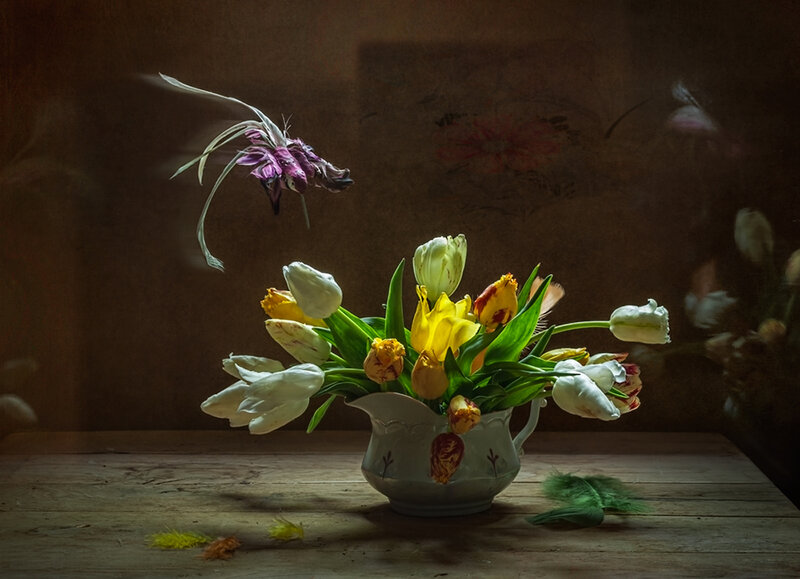 Tulips in a Pitcher — Brown, Dramatic