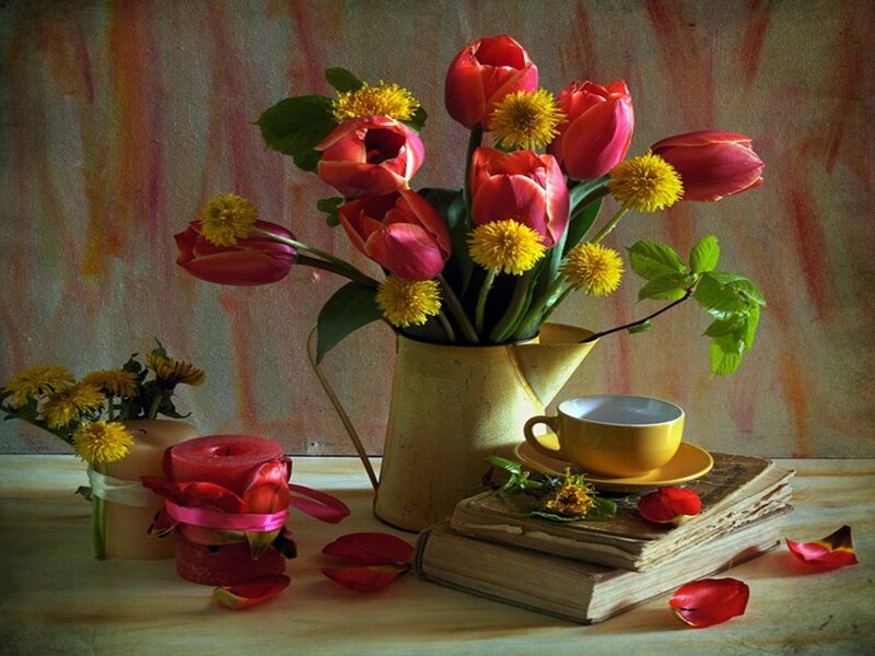 Tulips in a Pitcher — Red, Serene