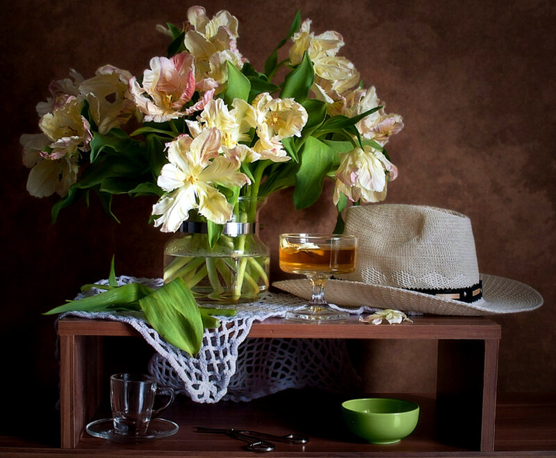 Tulips in a Vase — Brown, Serene, Photograph, Hat
