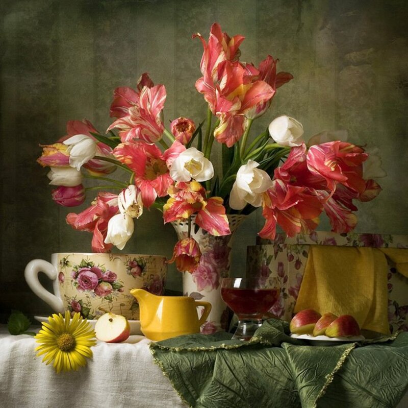 Tulips in a Vase — Green, Calm, Photograph