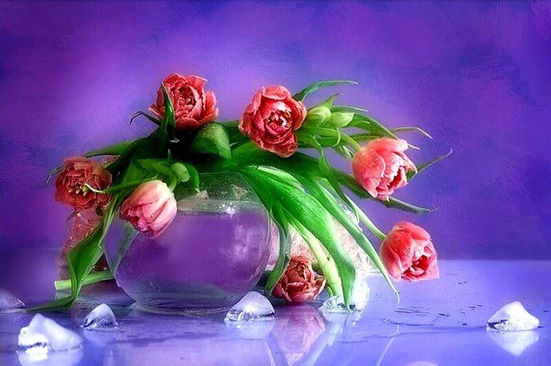 Tulips in a Vase — Purple, Dramatic, Digital Art