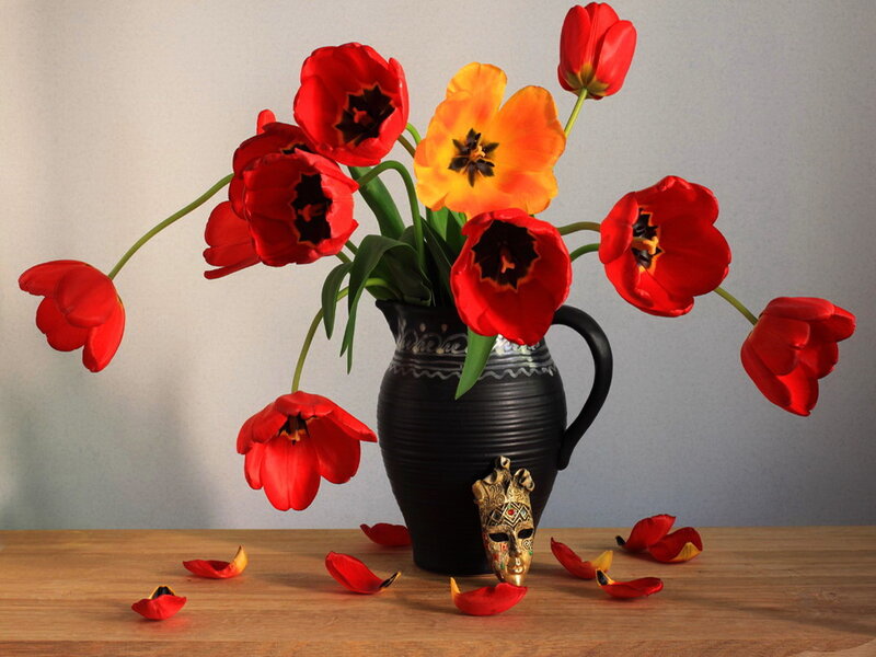 Tulips in a Vase — Red, Calm, Photograph, Mask