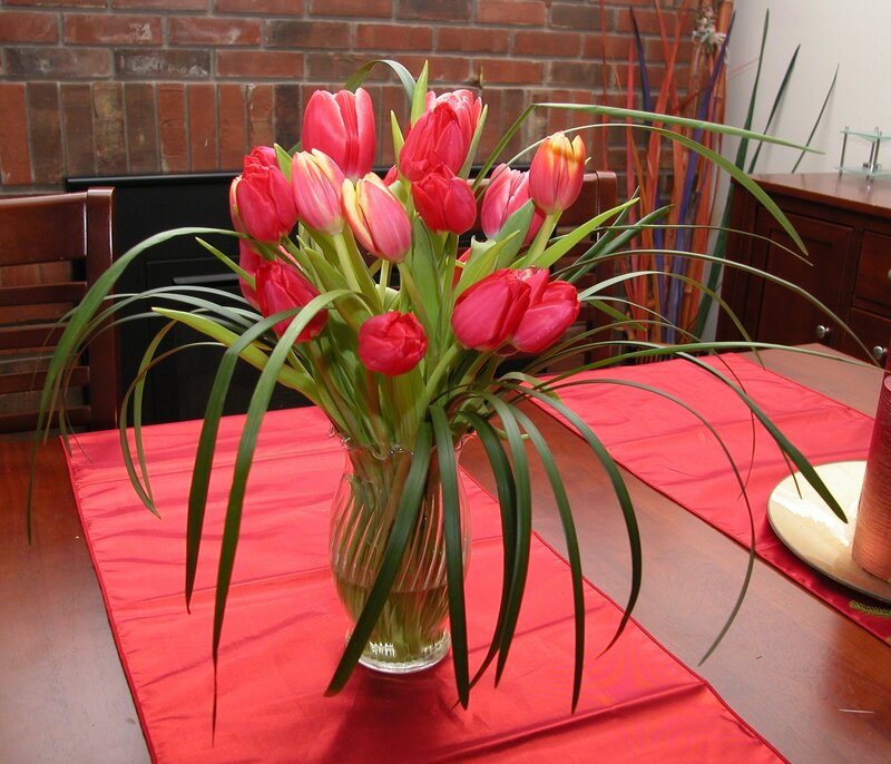 Tulips in a Vase — Red, Calm, Photograph, Table