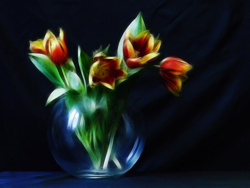 Tulips in a Vase — Red, Dramatic, Digital Art