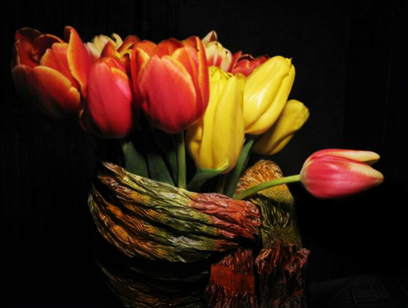 Tulips in a Vase — Red, Dramatic, Photograph