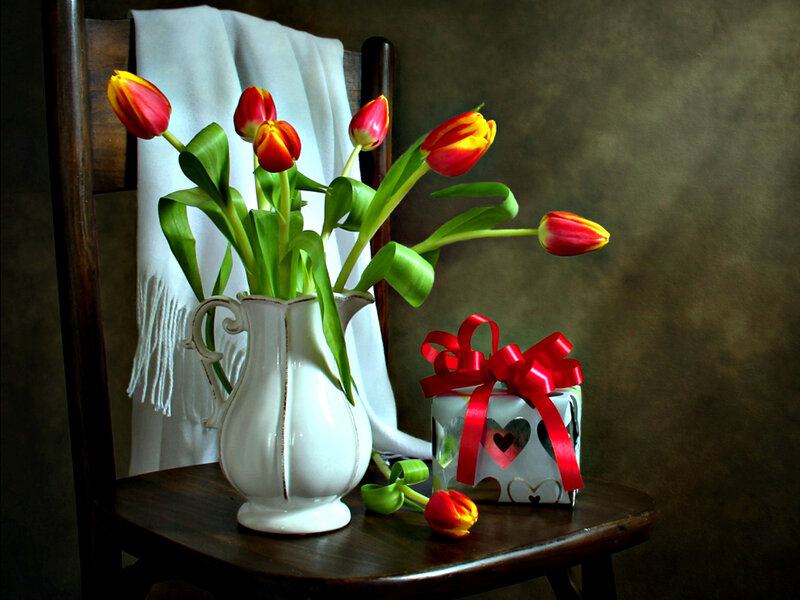 Tulips in a Vase — Red, Serene, Photograph