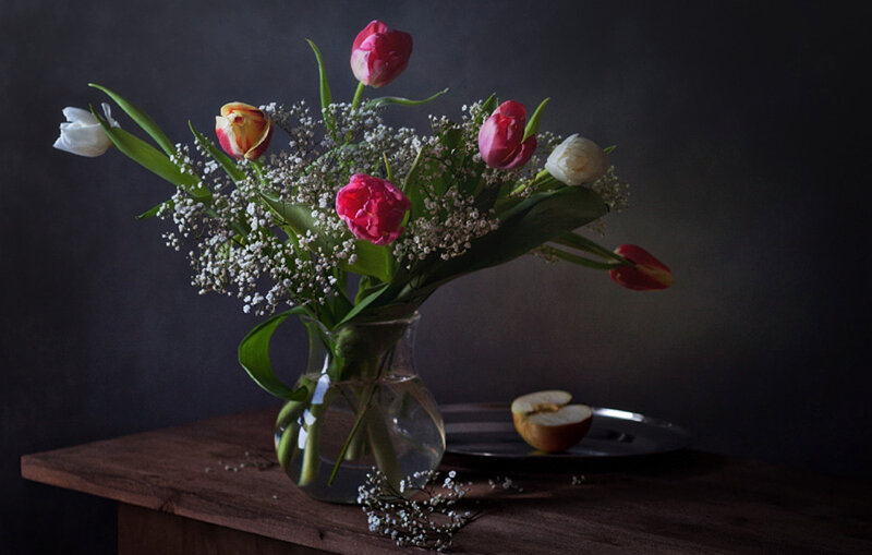 Tulips in a Vase — White, Dramatic, Photograph, Apple
