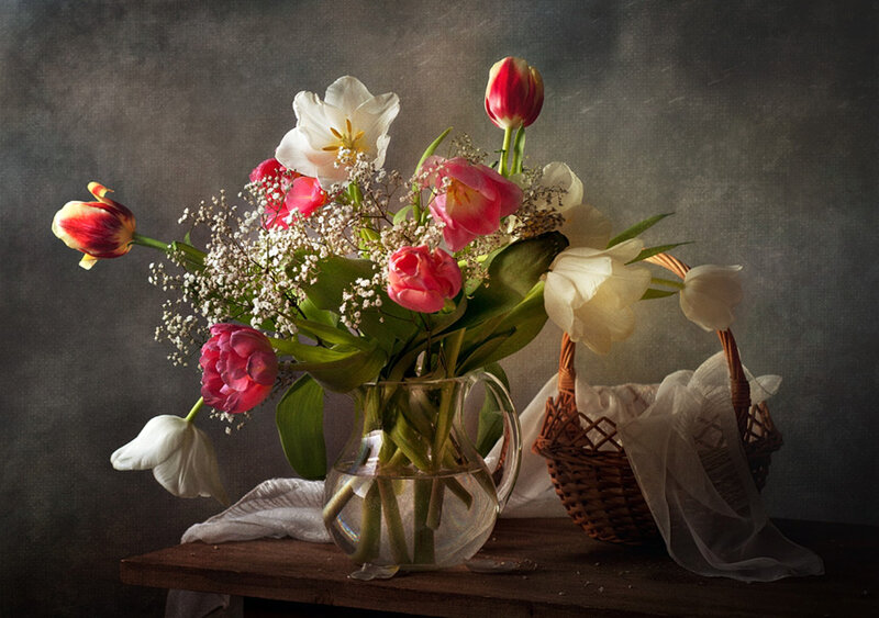 Tulips in a Vase — White, Dramatic, Photograph