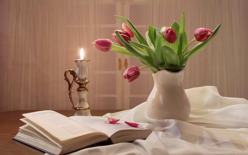 Tulips in a Vase — White, Serene, Night