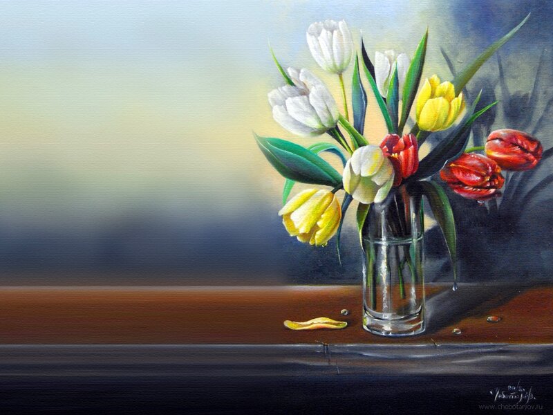 Tulips in a Vase — White, Serene, Painting