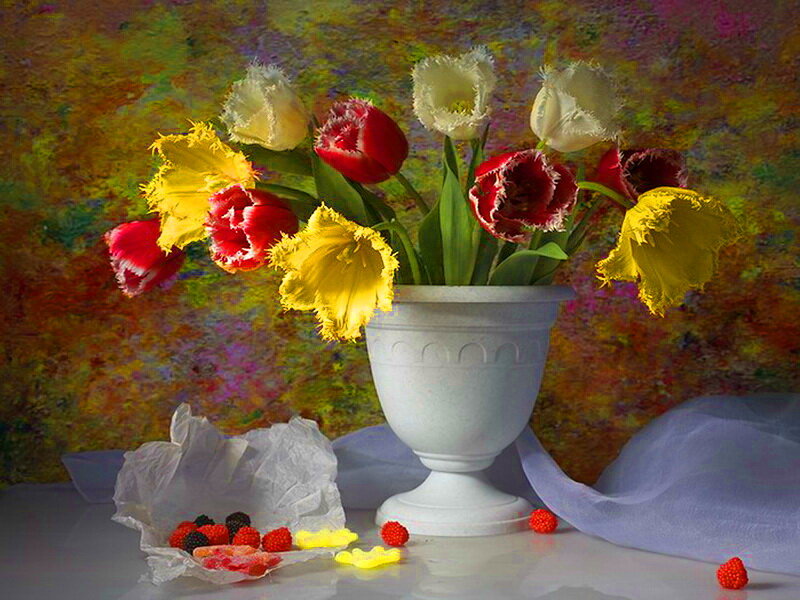 Tulips in a Vase — Yellow, Calm, Painting