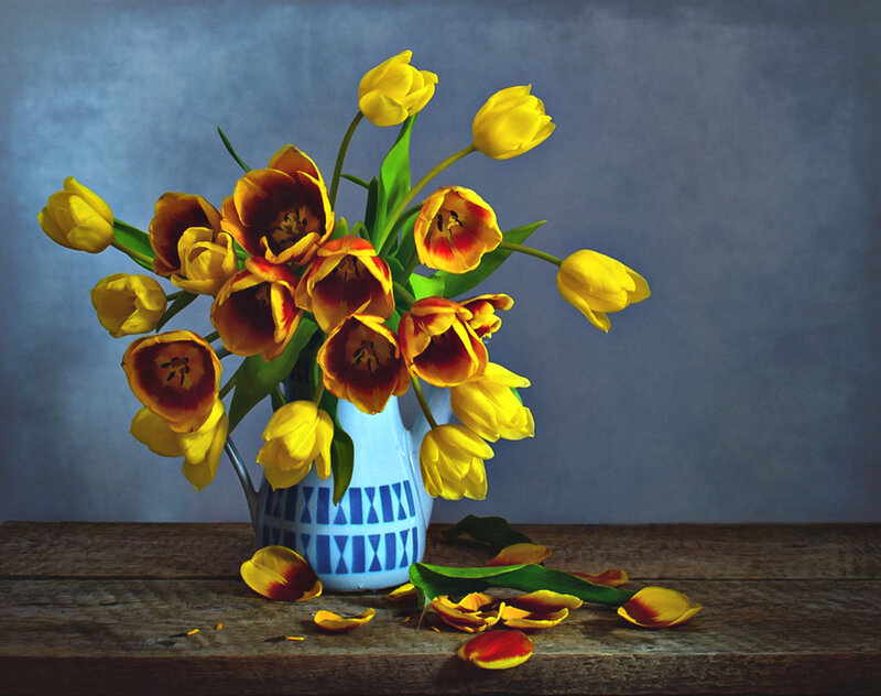 Tulips in a Vase — Yellow, Calm, Photograph, Wooden Table