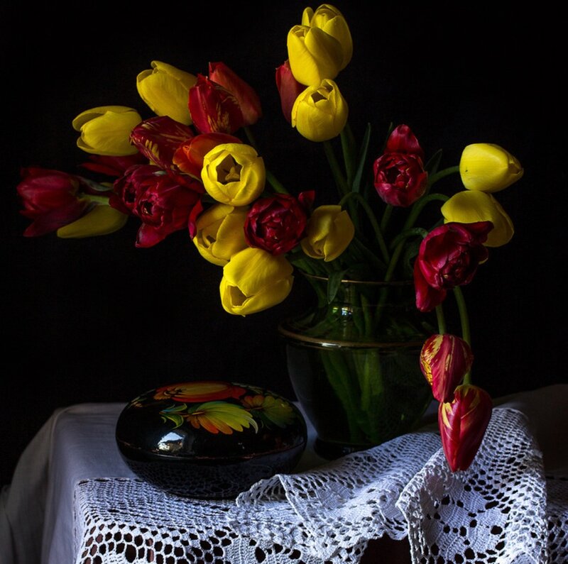 Tulips in a Vase — Yellow, Dramatic, Photograph, Box