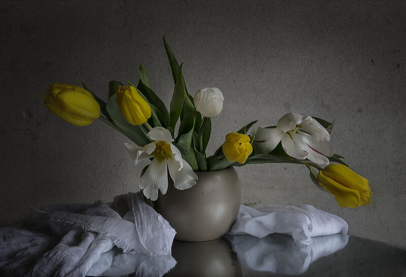 Tulips in a Vase — Yellow, Dramatic, Photograph, Cloth