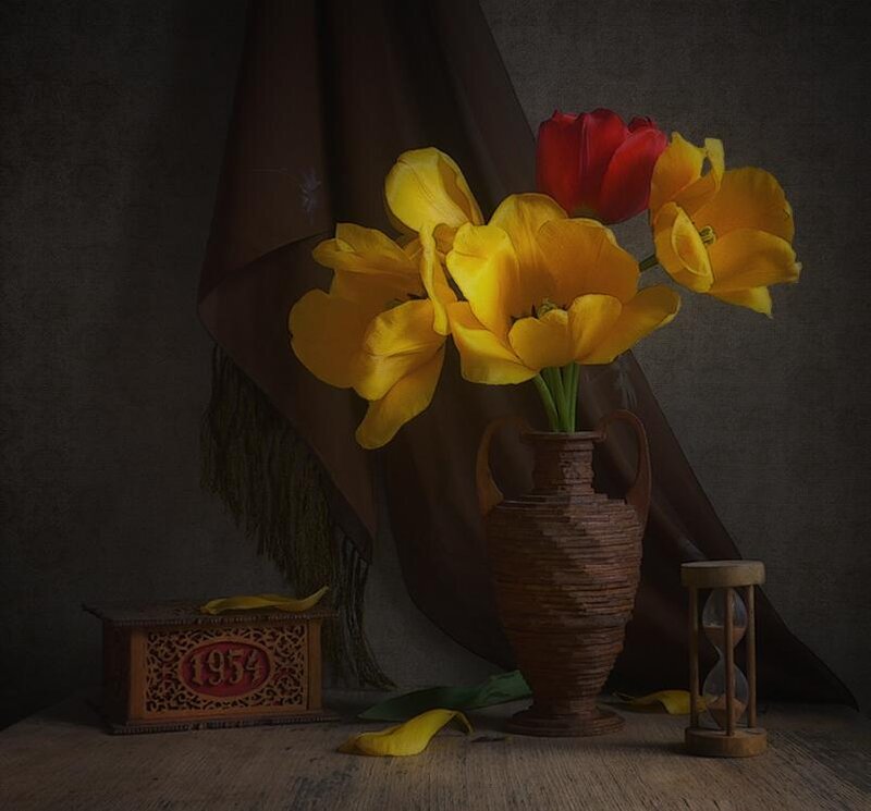 Tulips in a Vase — Yellow, Dramatic, Photograph, Hourglass