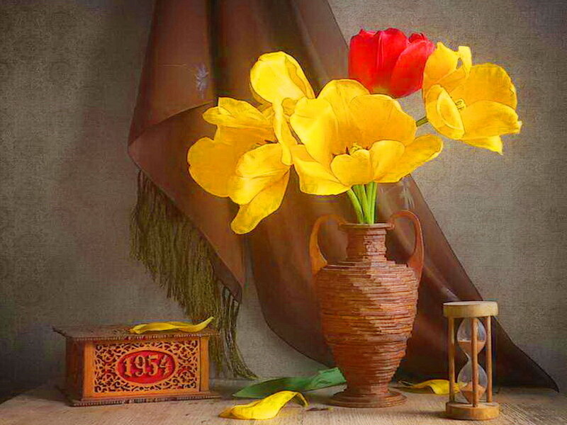 Tulips in a Vase — Yellow, Serene, Painting