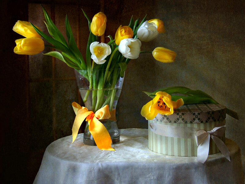 Tulips in a Vase — Yellow, Serene, Photograph