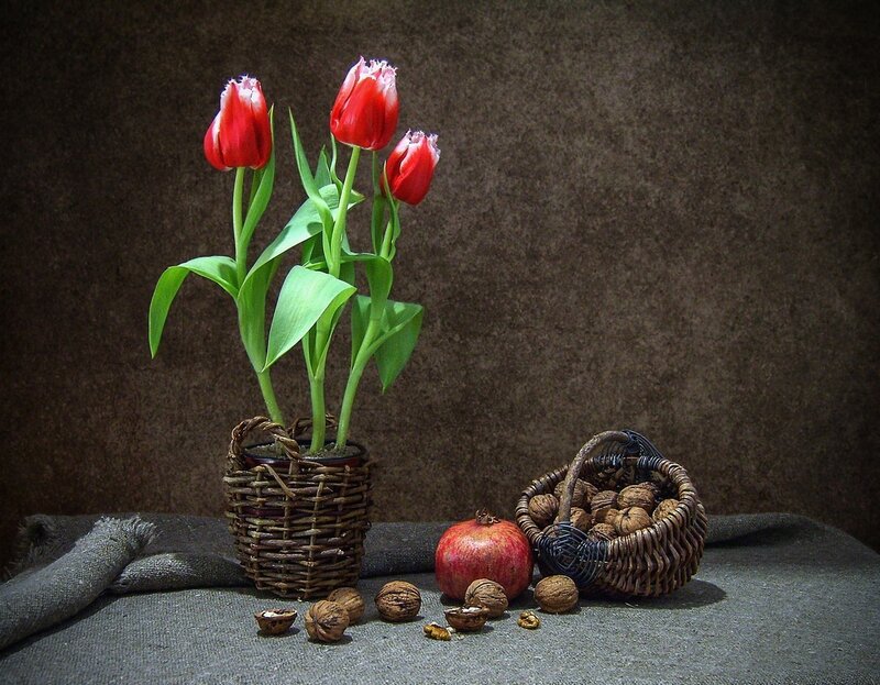 Tulips in Basket — Red, Dramatic