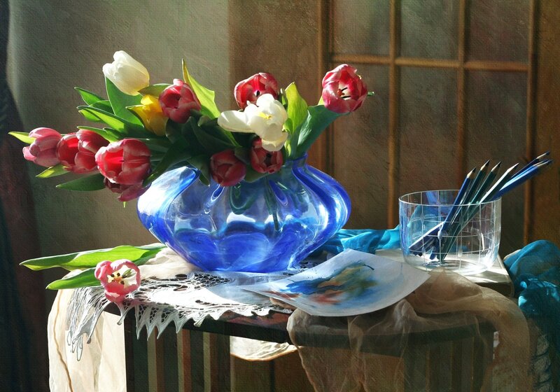 Tulips in Blue Vase — Serene, Afternoon