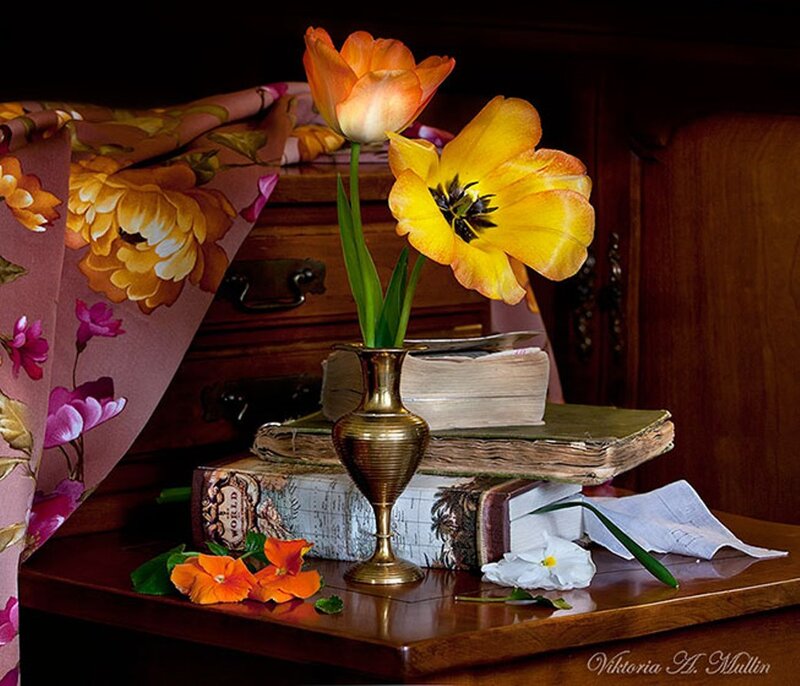 Tulips in Brass Vase