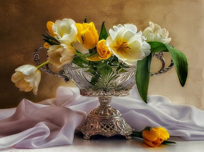 Tulips in Crystal Vase — White
