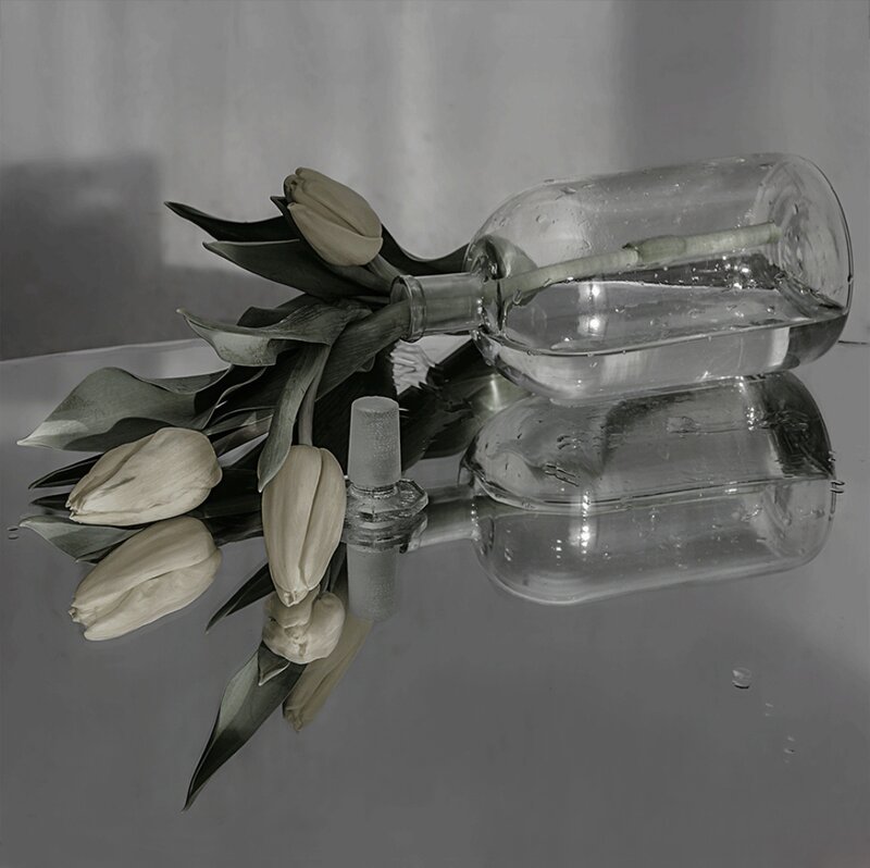 Tulips in Glass Bottle