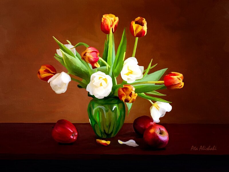 Tulips in Green Vase — Brown