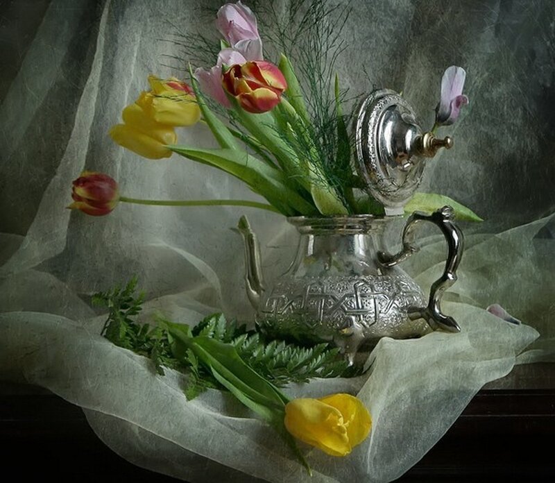Tulips in Silver Teapot