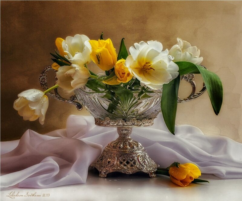 Tulips in Silver Vase — White, Serene
