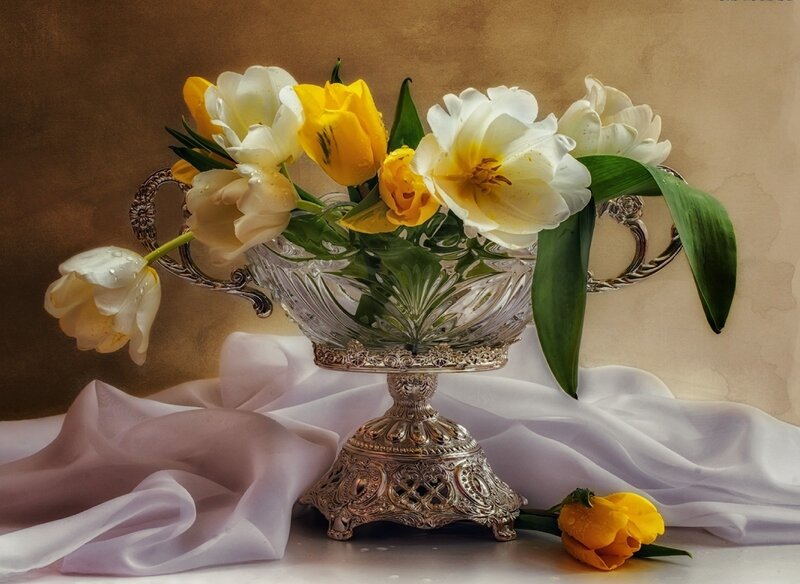 Tulips in Silver Vase — White
