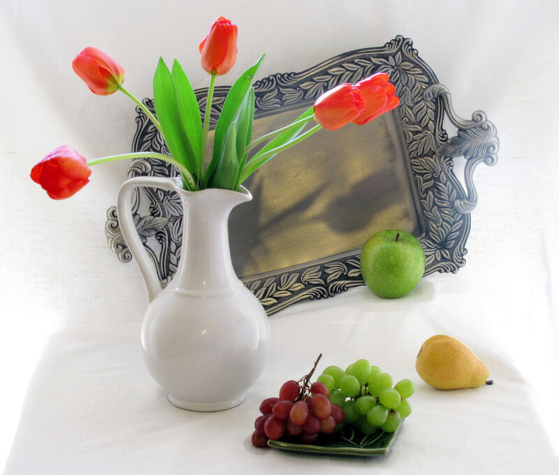 Tulips in White Pitcher — Serene, Photograph