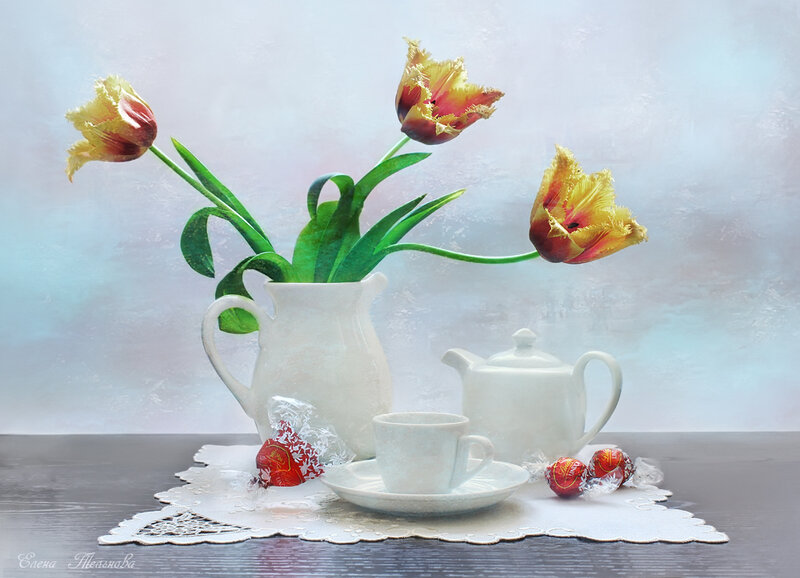 Tulips in White Pitcher