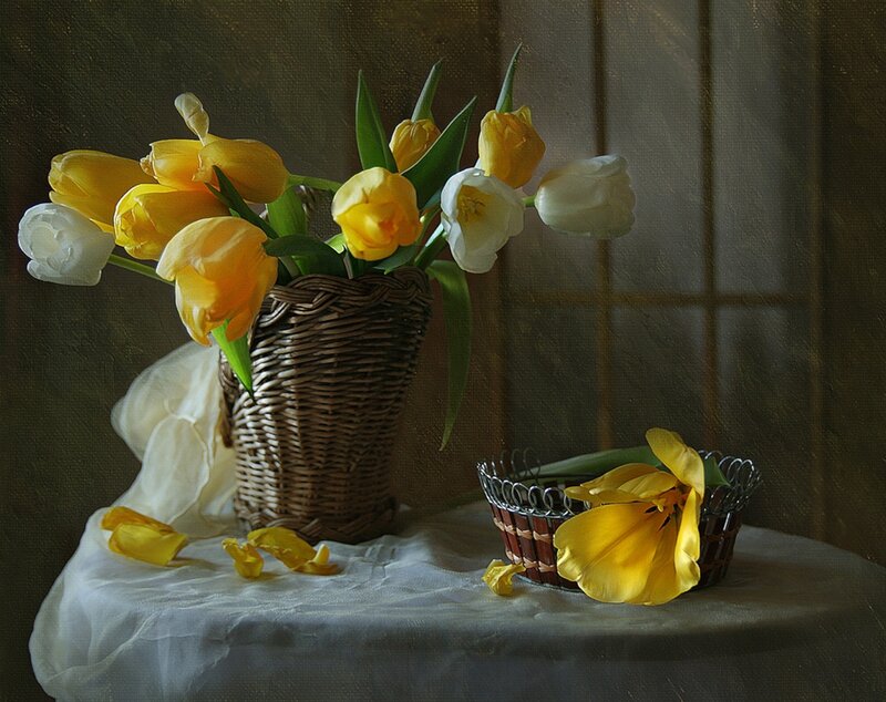 Tulips in Wicker Basket