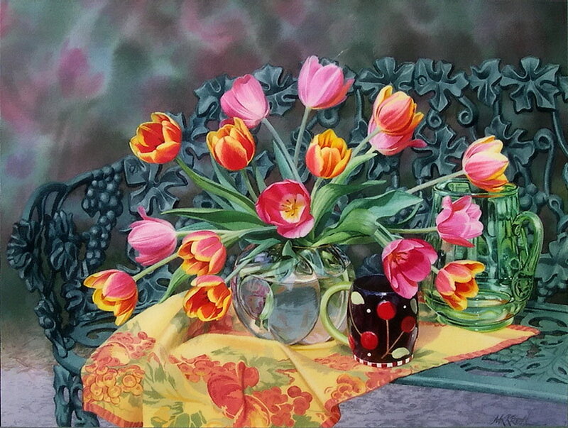 Tulips on a garden bench