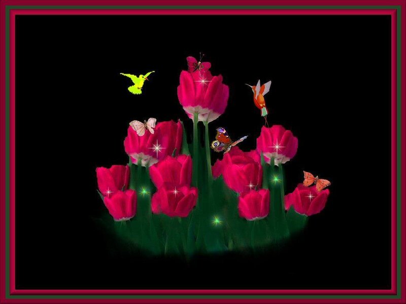 tulips with hummingbirds and butterflies